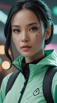 by Bastien Lecouffe Deharme, Shilin Huang, close up of an elegant Female Martian , dressed in Majestic Mint green Windbreaker