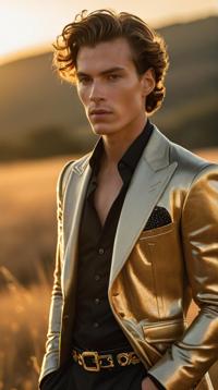 Fashion photography of a supermodel, wearing fashion outfit, at Golden hour, dramatic lighting