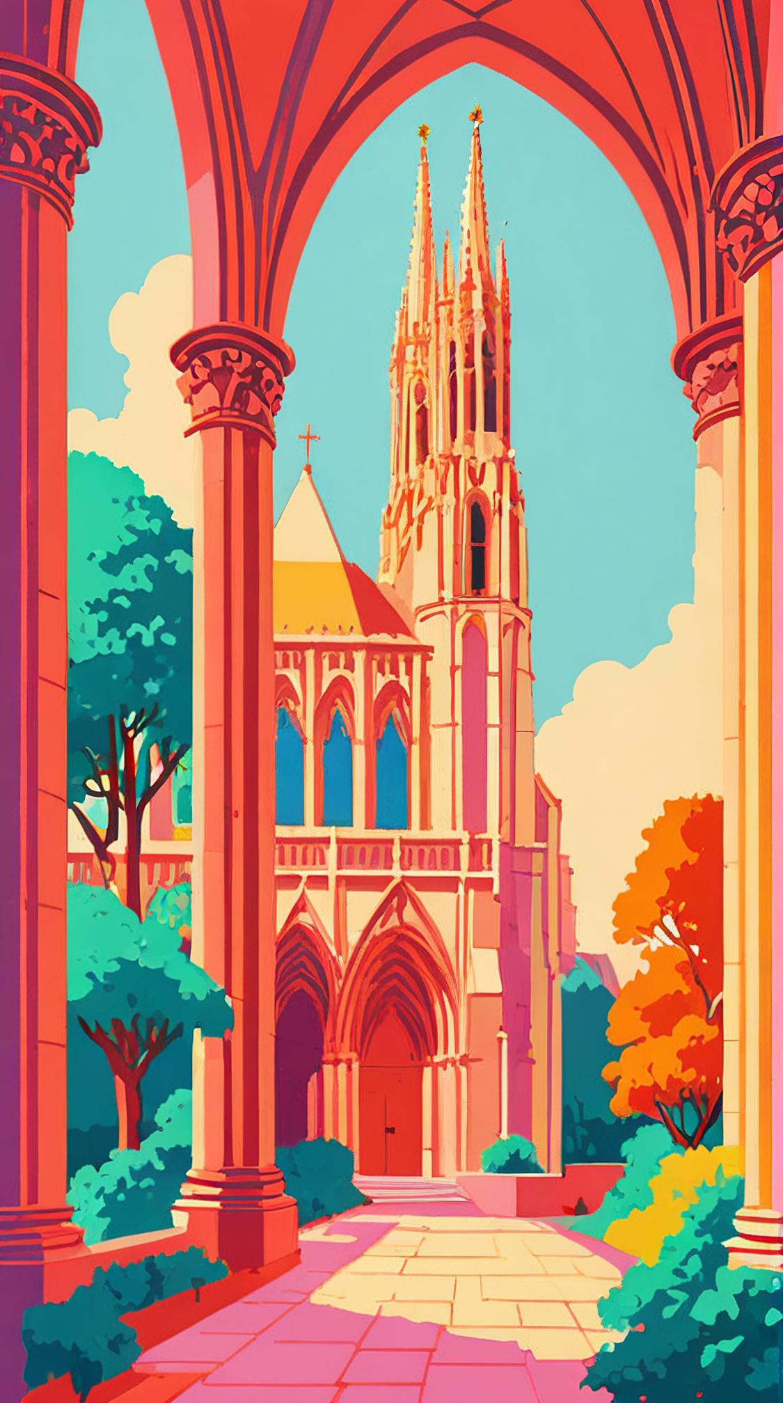 studio risograph print of a landscape of a Ionia, it is Warm and Angelic, inside of a Notre Dame Cathedral, impressionism art by Paul Gauguin