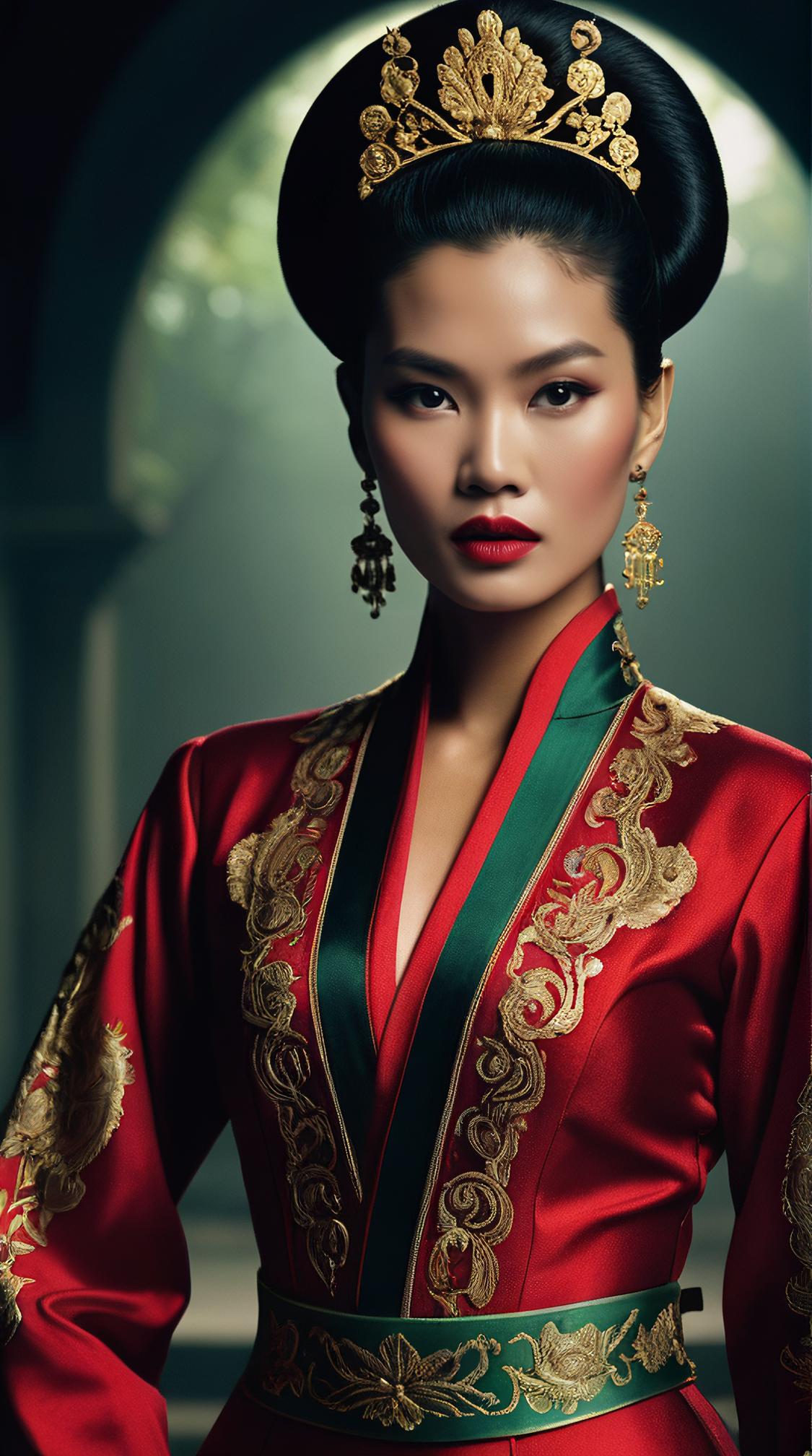 stylized by Mario Testino, Fashion photography of a traditional Vietnamese supermodel, wearing fashion outfit, Movie still