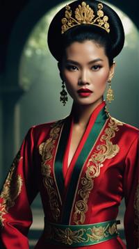 stylized by Mario Testino, Fashion photography of a traditional Vietnamese supermodel, wearing fashion outfit, Movie still