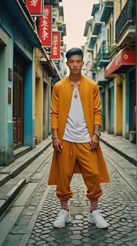 Fashion photography of a supermodel as Macanese Rogue, , he is wearing a Hip Hop fashion outfit, It is Tailored and Elegant