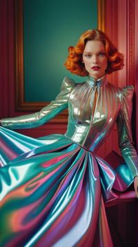 stylized by Tim Walker and Guy Aroch, Fashion photography of a supermodel , he is dressed in a fashion outfit, It is Iridescent