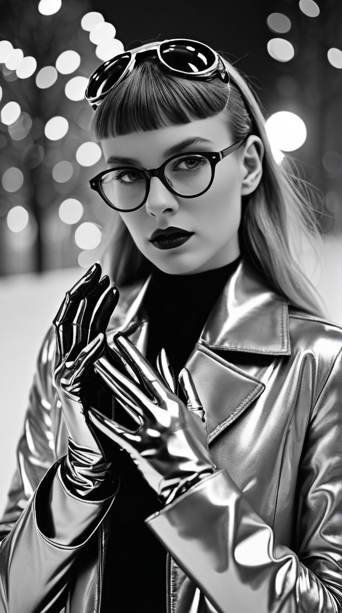 Fashion photography of a Nerdy supermodel , Plain eyes, wearing fashion outfit, her fashion outfit trinkets