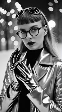 Fashion photography of a Nerdy supermodel , Plain eyes, wearing fashion outfit, her fashion outfit trinkets