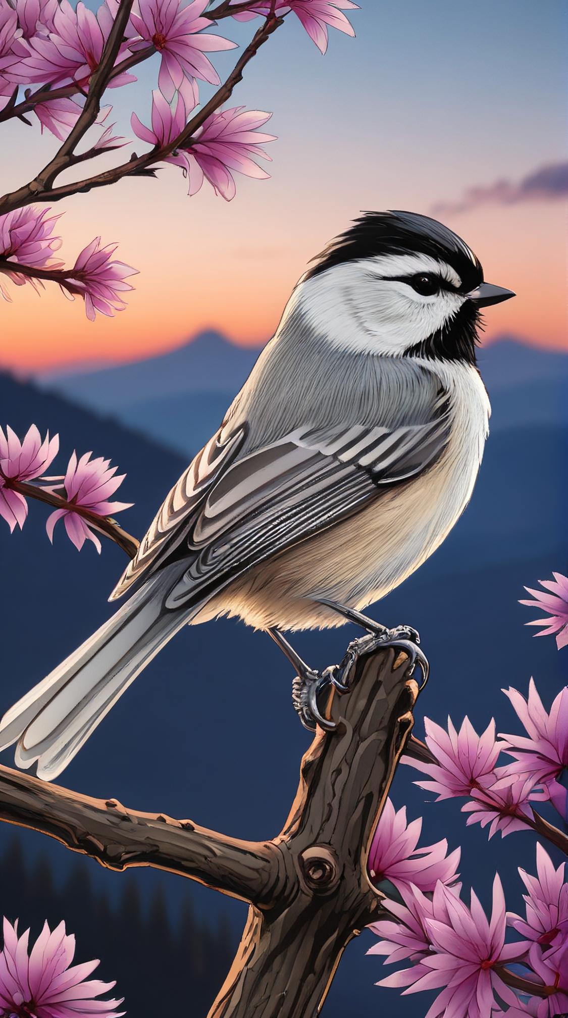 Mountain Chickadee, at Dusk, Panorama, anime art