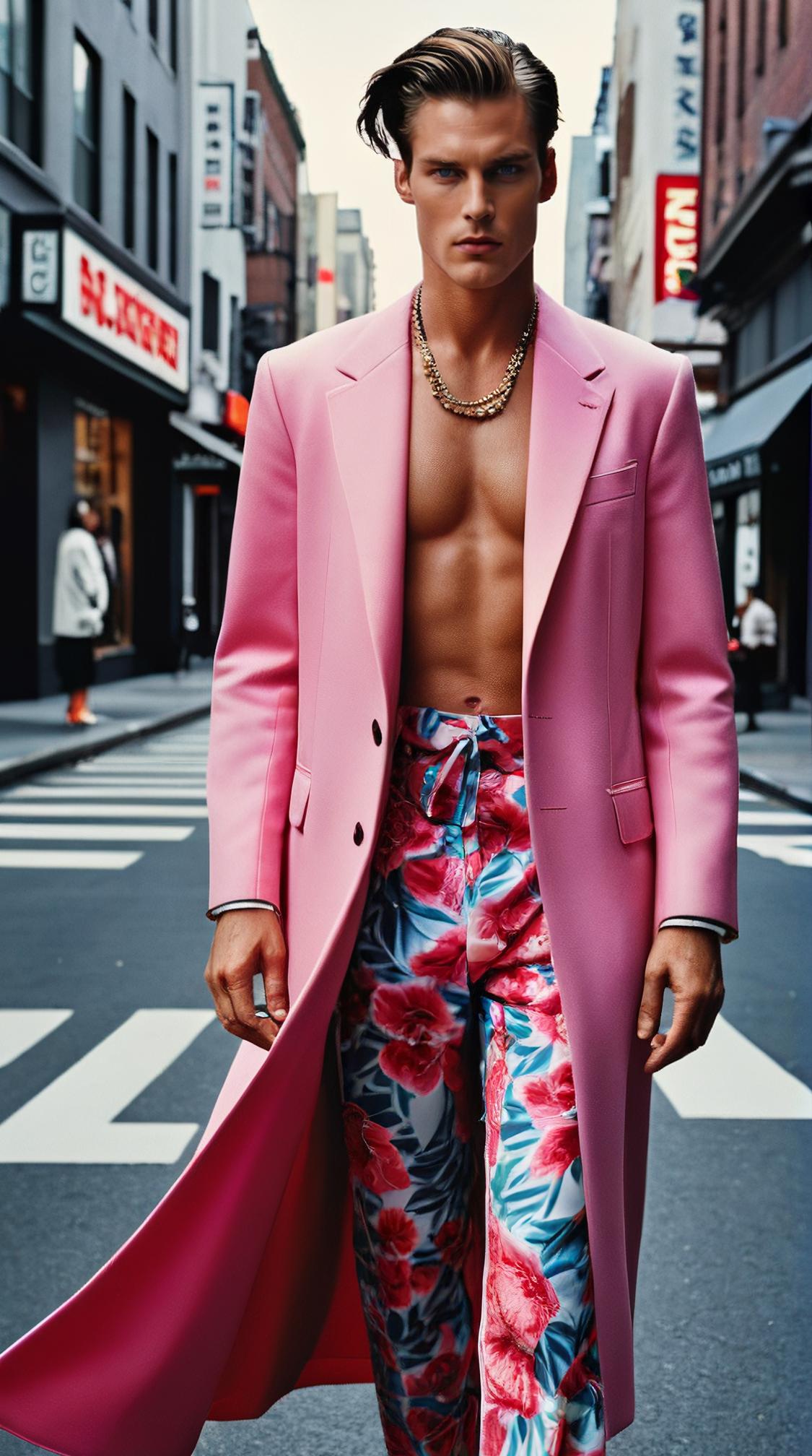 art by David Sims, Fashion photography of a supermodel, the Man is alluring, he is wearing a Harajuku fashion style fashion outfit