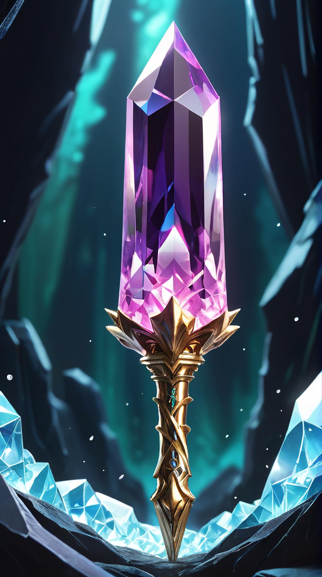 shoulder level shot of a Furious Crystal wand, inside a Channel, Spring, stylized by Tsubasa Nakai