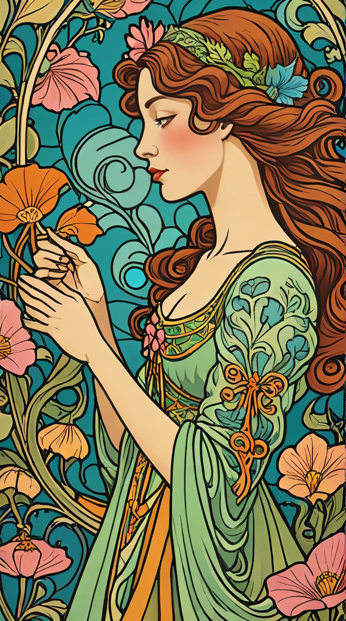 art nouveau art stylized by William Morris, textile art, Vector Art, side view shot of a Lady Peebles