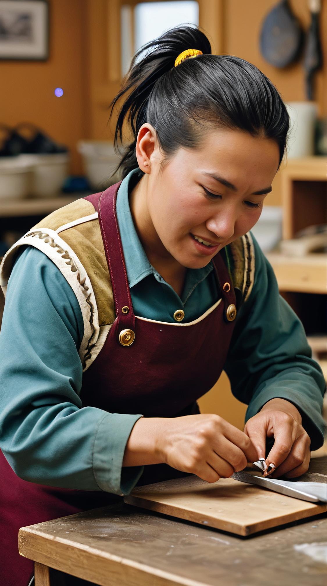 Inuit Female Shoemaker, the Shoemaker has Mohawk hair, context setting, energetic compositions