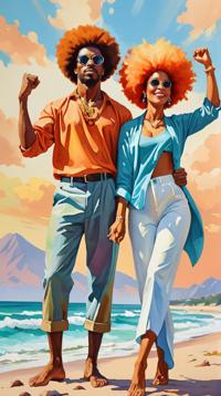 watercolor art by Brent Heighton, intarsia inlay of a Graceful Average y o a couple of friends , Raising fist pose, Sky Blue and Peach hair styled as Afro