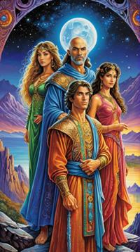 art by Josephine Wall , Warrior Family, wearing Gown and Kurta, Bald hairstyle