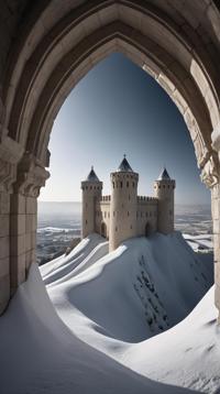stylized by David Spriggs Ando Fuchs , landscape of a Folded Frostbound Castle of the Winter s End from inside of a Jerusalem, Simple and clean, short lighting