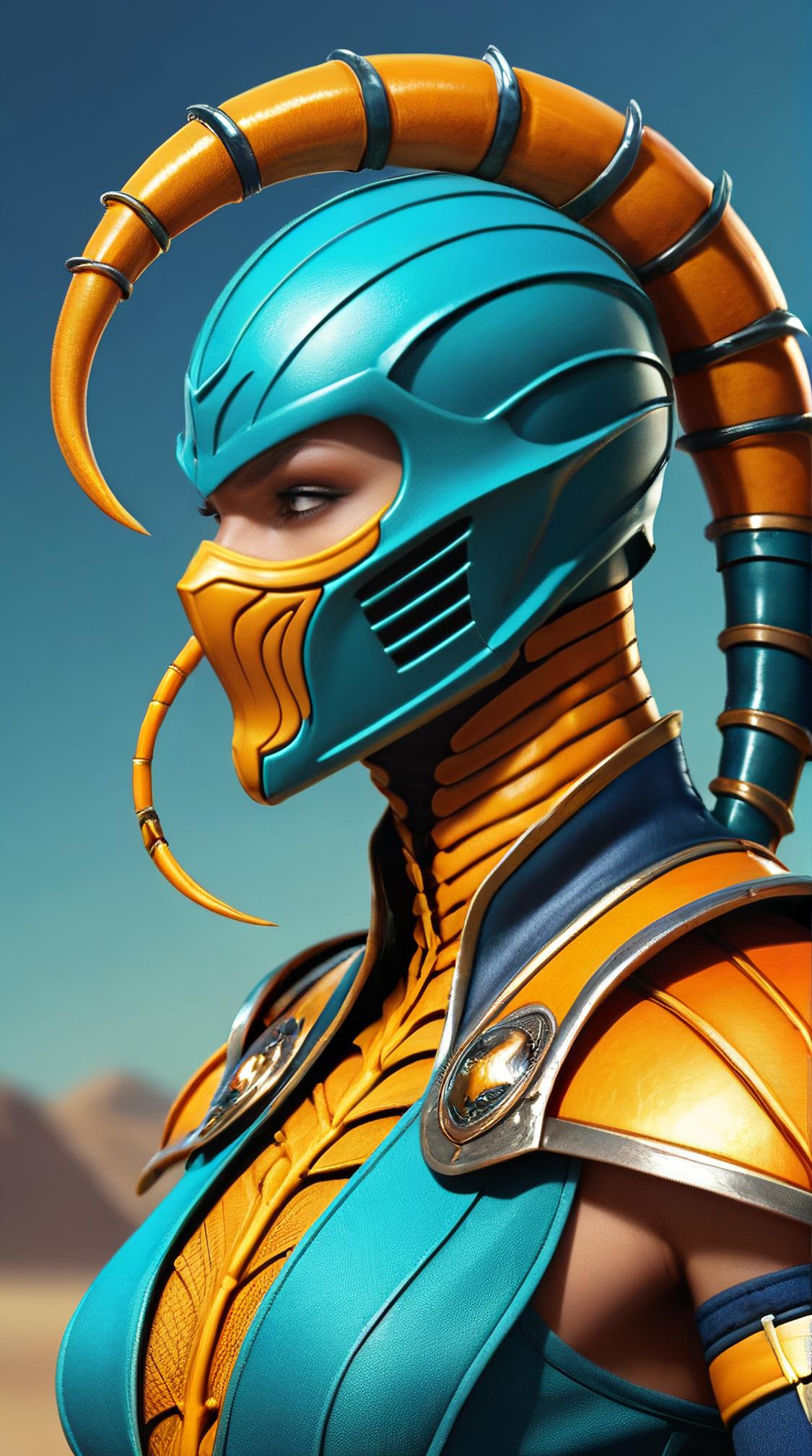 stylized by WLOP, Drawing, profile of a Flirty Lovely tall Industrial Russian Scorpion from Mortal Kombat , dressed in Teal and Orange garb