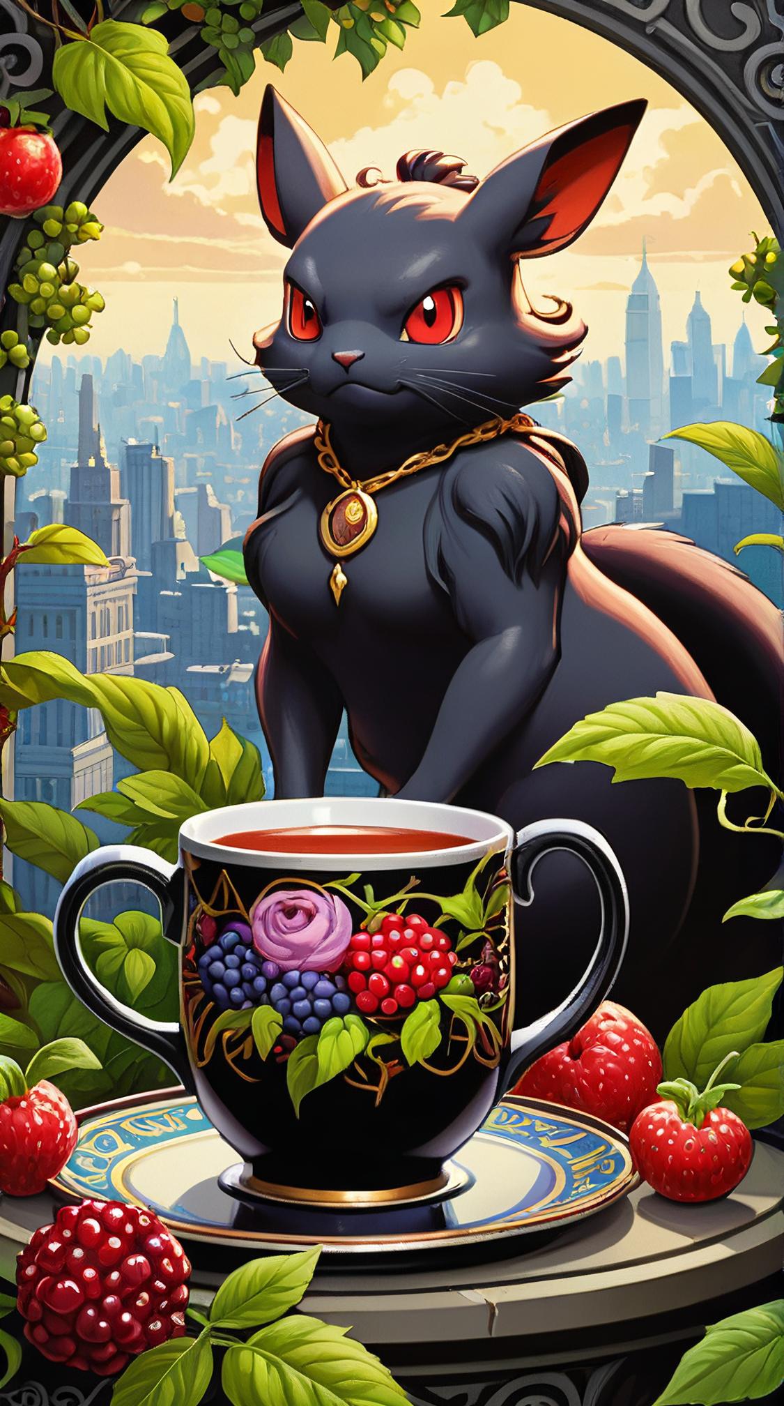 rear angle of a Black Tea Pok mon, it is very Striking, cityscape and Wild berry bush background, deep focus