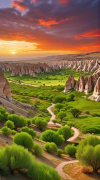 landscape of a Dreamy Gloaming Grove of the Twilight Spirits and lush green meadow, inside of a Cappadocia Underground Cities, Stormy weather, highly detailed
