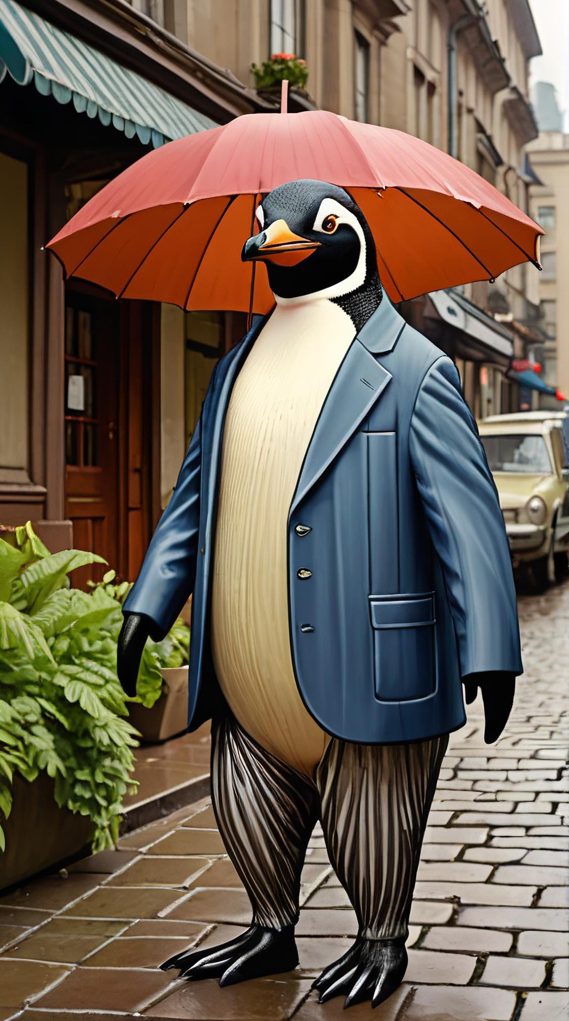 rotund Congolese Penguin, it is Chic, in a Mundane setting, in Pleated Blazer and jeans from the s