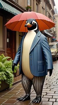 rotund Congolese Penguin, it is Chic, in a Mundane setting, in Pleated Blazer and jeans from the s