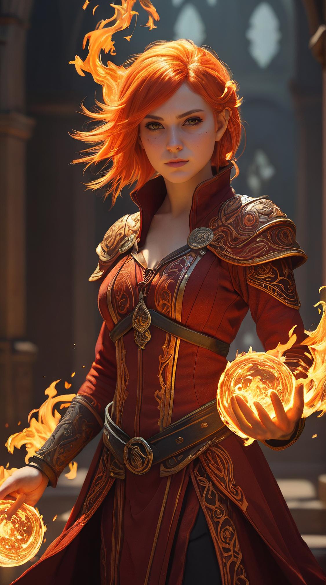 full shot of a Female Fire mage, the Girl is Restless, Emo Art, woman