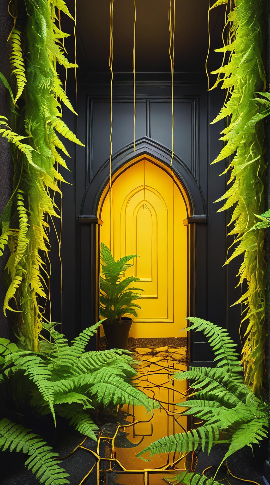 stylized by Miss Aniela and Jonathan Lasker , dungeon with Fern, Black and Mustard Yellow stringy , it is Flawless and Good