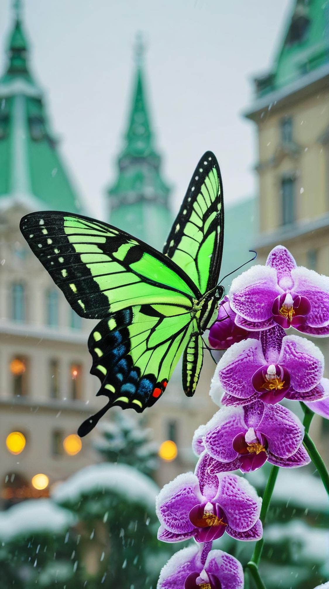 Magnificent Orchid Butterfly, Vienna in background, Snowing, F
