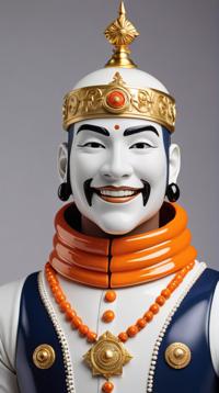 designed by Herg theCHAMBA , upper body shot of a Adroit Navy, White and Orange Kormus Bell , Happy