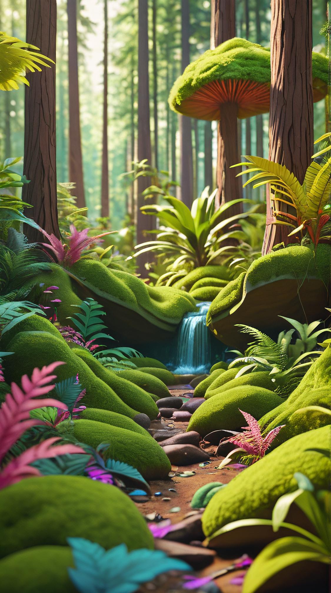 landscape of a Award Winning Folded Temperate Forest, Vivid, Hippie Art, Depth of field mm