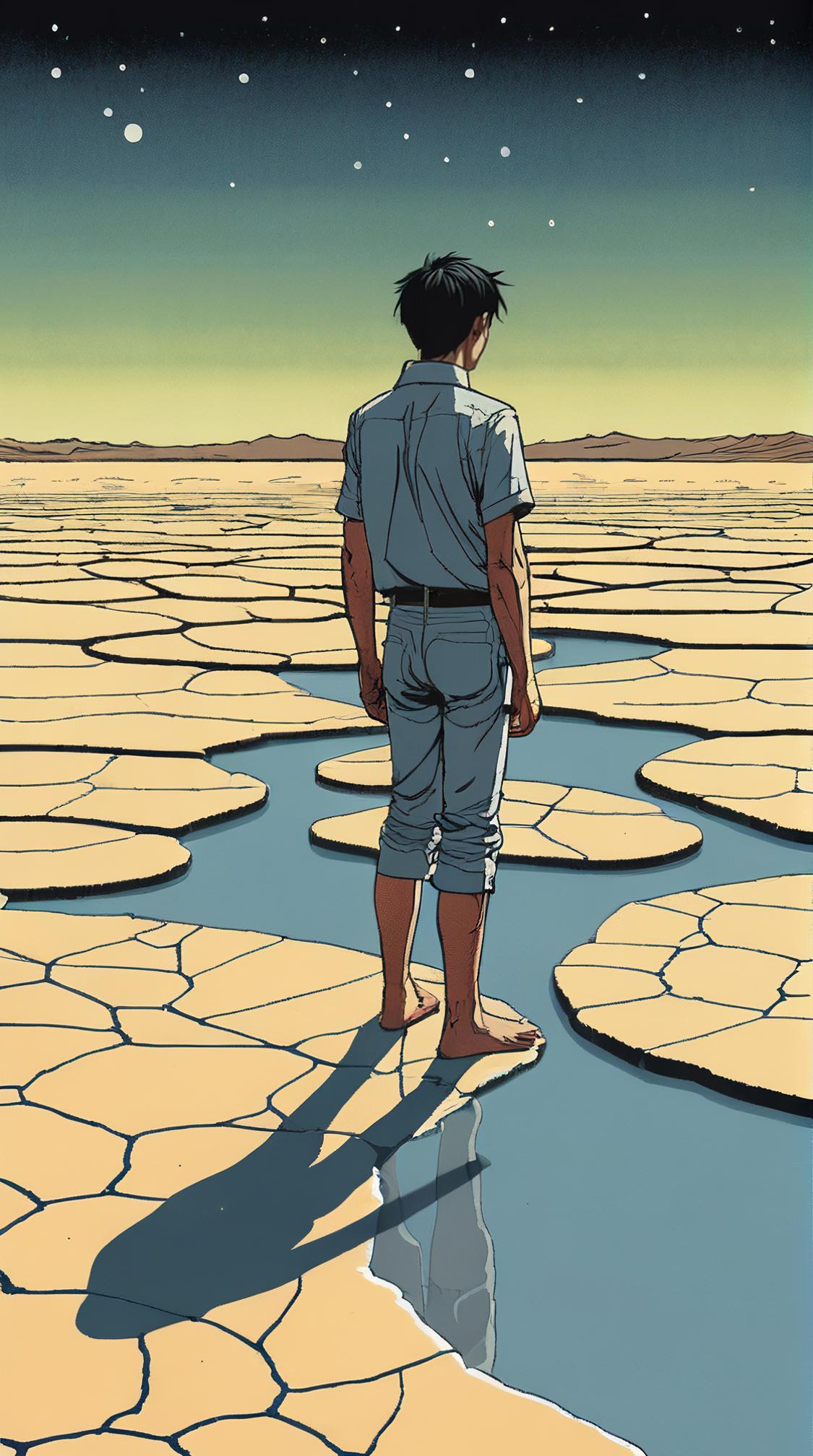 art by Jillian Tamaki, landscape of a Crude Salt Pan, Bathed in shadows, Ultrarealistic