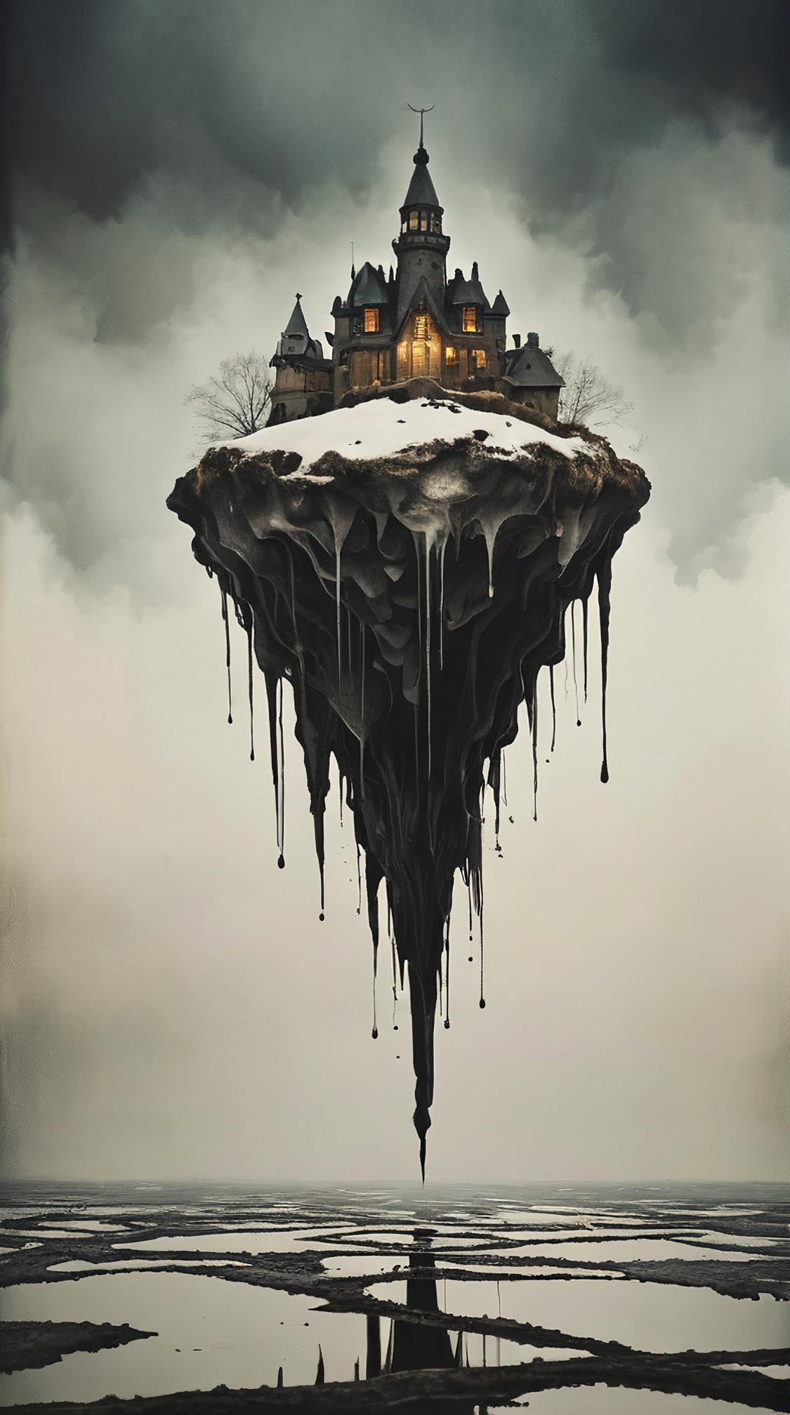 by Nicolas Bruno , ink wash painting of, angle from below of a Emotionally Charged Tremendous The Realm of Future , Winter