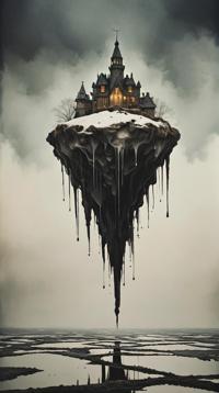 by Nicolas Bruno , ink wash painting of, angle from below of a Emotionally Charged Tremendous The Realm of Future , Winter