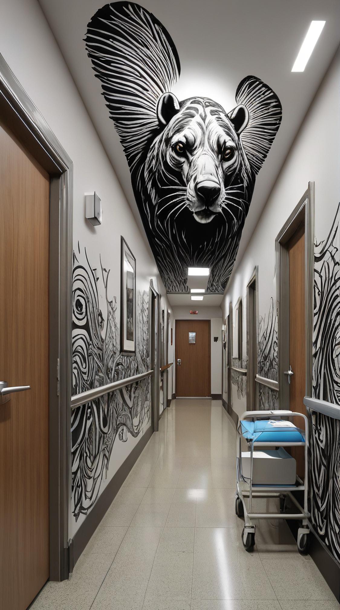 street art designed by ROA, detailed art, elegant, Deeply Thoughtful Hospital