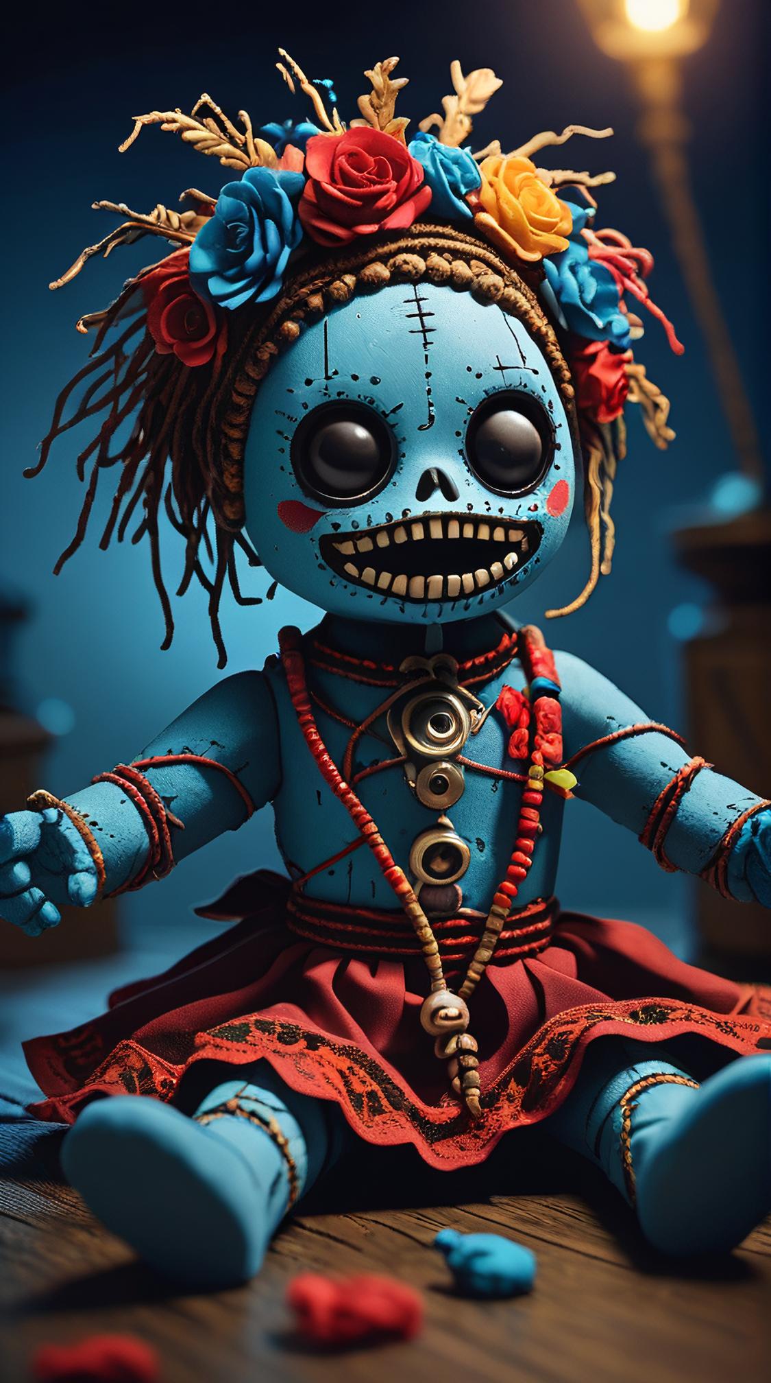 On a superb artwork capturing a Night Dire Voodoo doll, theatrical, beautiful detailed supreme quality color intricate, perfect composition