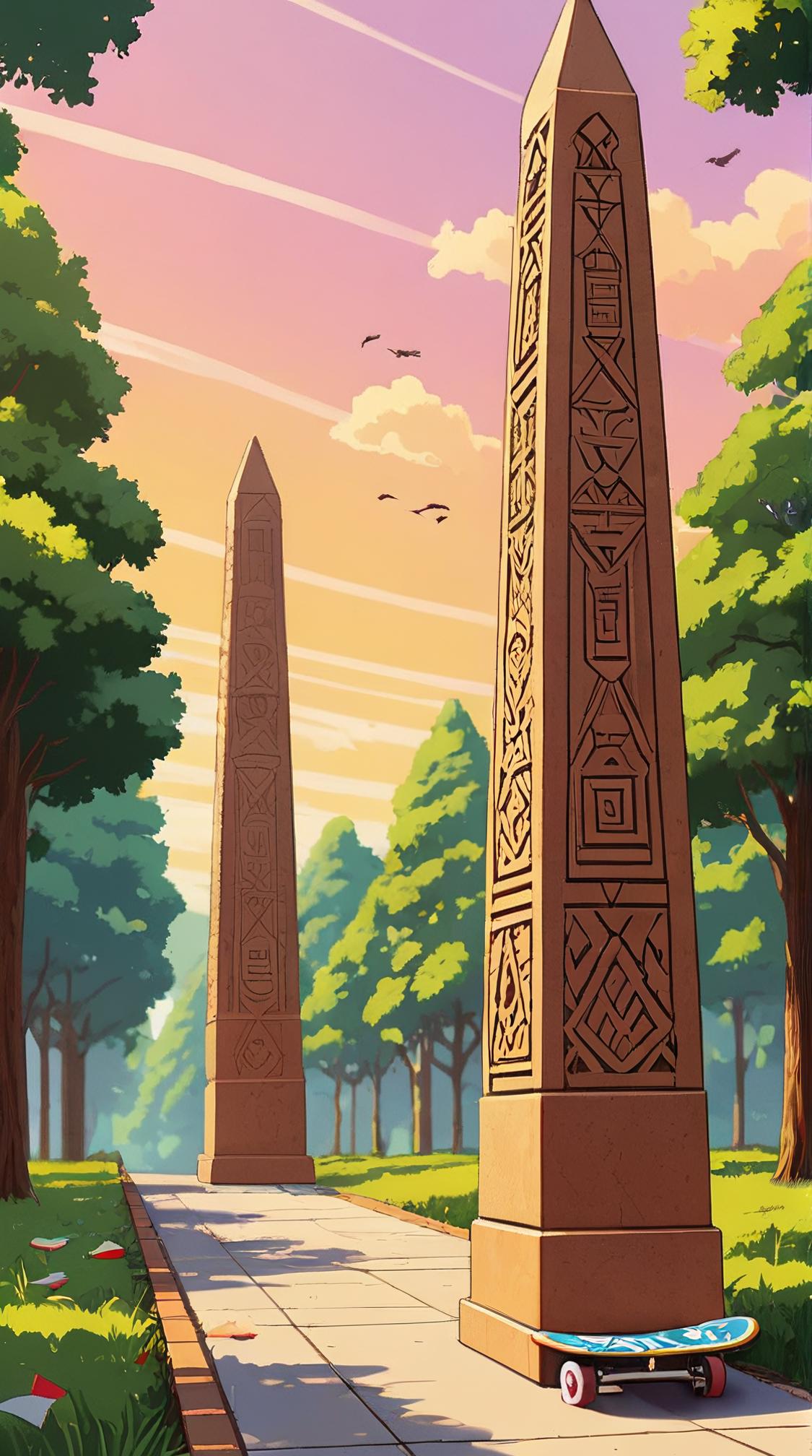 anime art by Leanne Surfleet , detailed art, intricate background, landscape of a Aksum Obelisks and Skateboard