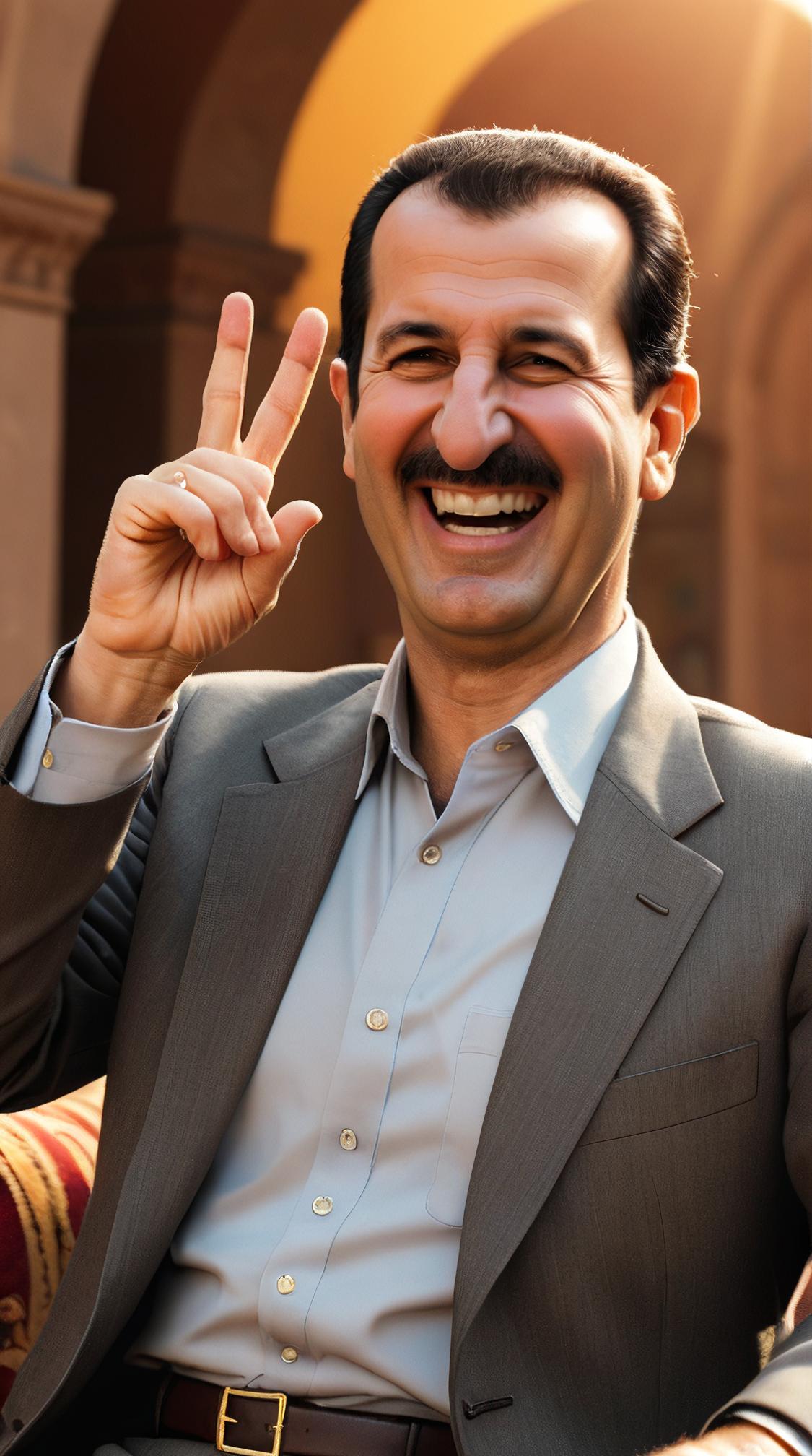 designed by Modern Disney and Pixar , Masculine chubby Bashar al Assad Bohemian, he is laughing hysterically, Making V sign