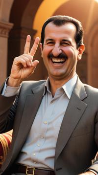 designed by Modern Disney and Pixar , Masculine chubby Bashar al Assad Bohemian, he is laughing hysterically, Making V sign