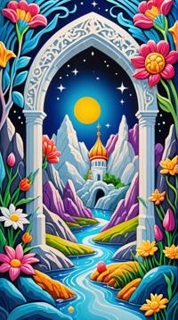 ivory carving technique of a landscape of a Moist Snezhnaya and Crystal cave, flowers, Stars in the sky, colorful art stylized by Samuel Peploe