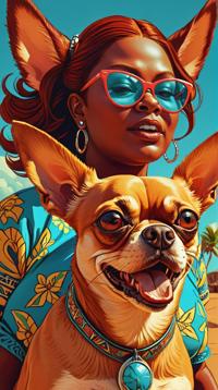 Vector Art, full figured Tanzanian Woman, very Giant, riding a Chihuahua