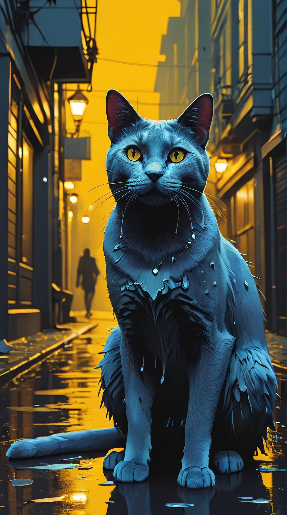 stylized by Atey Ghailan and Jeremy Mann, scene art, Russian Blue Cat, it is Magnificent