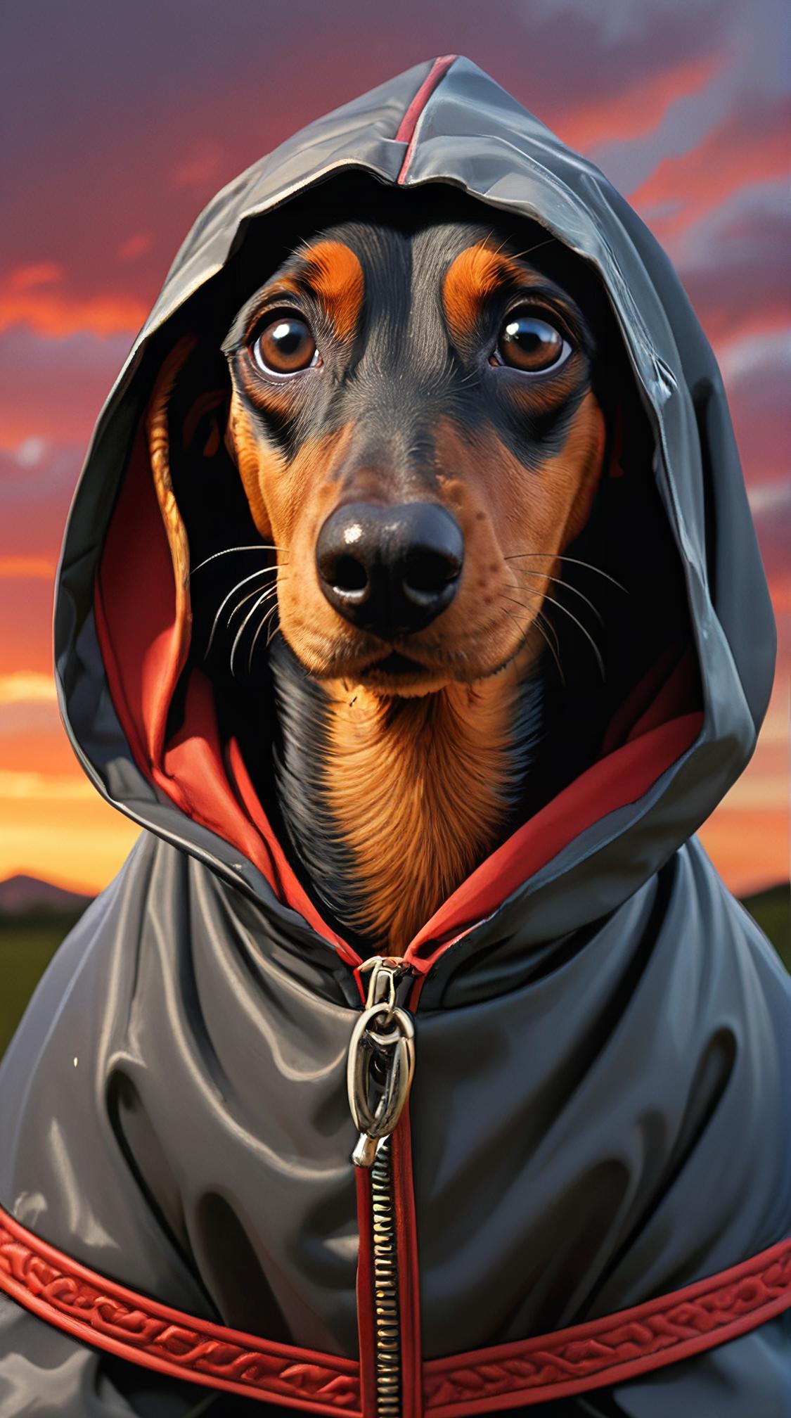 designed by Jon Foster, William Holman Hunt, close up of a Desperate highborn traditional Tanzanian Dachshund Doberman Pinscher , it is wearing a traditional Mediterranean Raincoat
