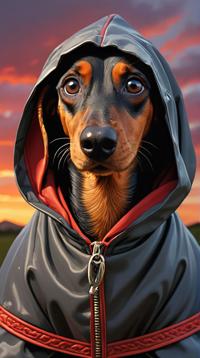 designed by Jon Foster, William Holman Hunt, close up of a Desperate highborn traditional Tanzanian Dachshund Doberman Pinscher , it is wearing a traditional Mediterranean Raincoat