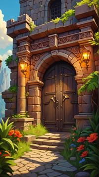 landscape of a Entrance, Artistic, dungeon in background, Summer