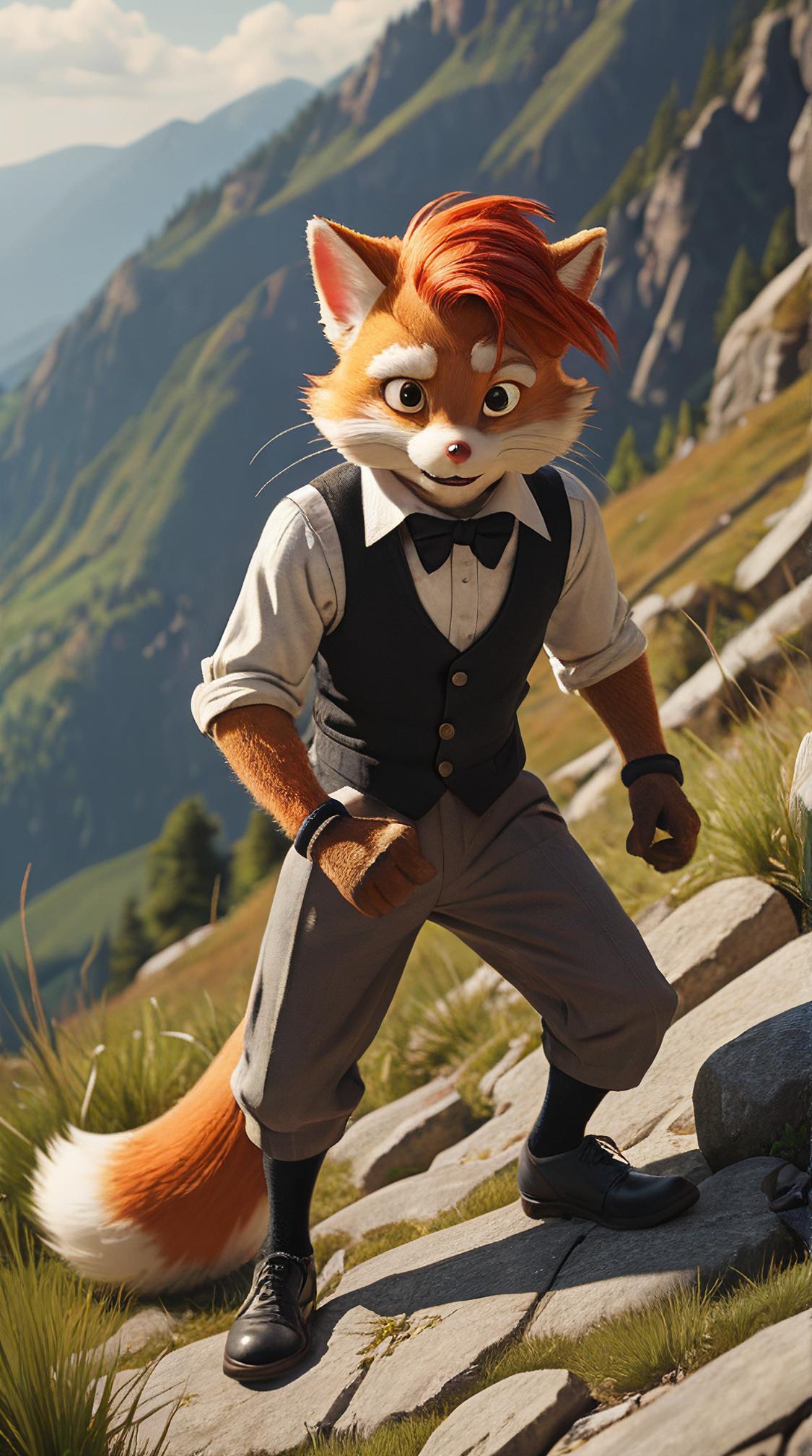 desolate hillside, noir, ground level shot of a Tails , Tails is Glad