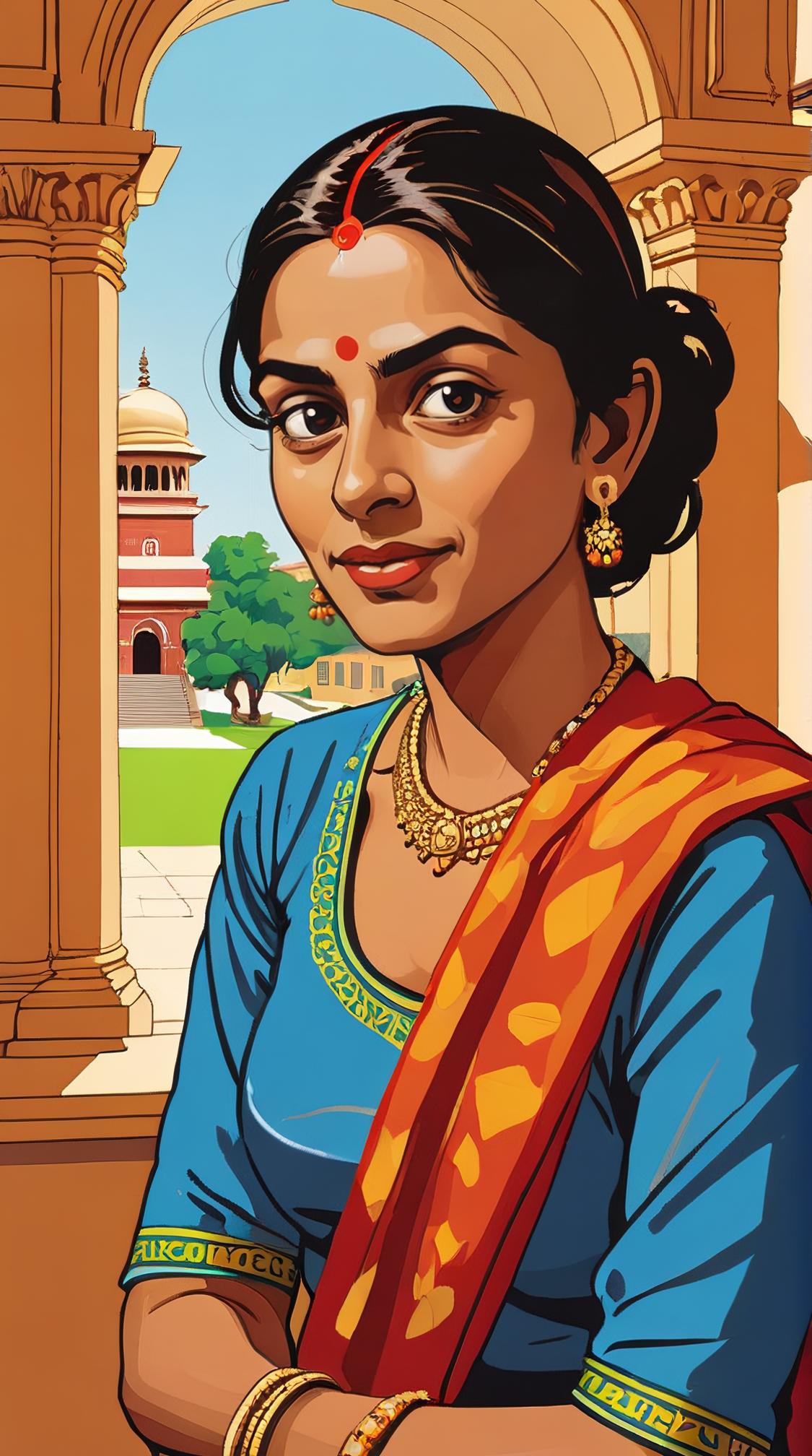stylized by Paula Rego, portrait art, Digital art, landscape of a Flashy Tailored Symbolic Janakpur