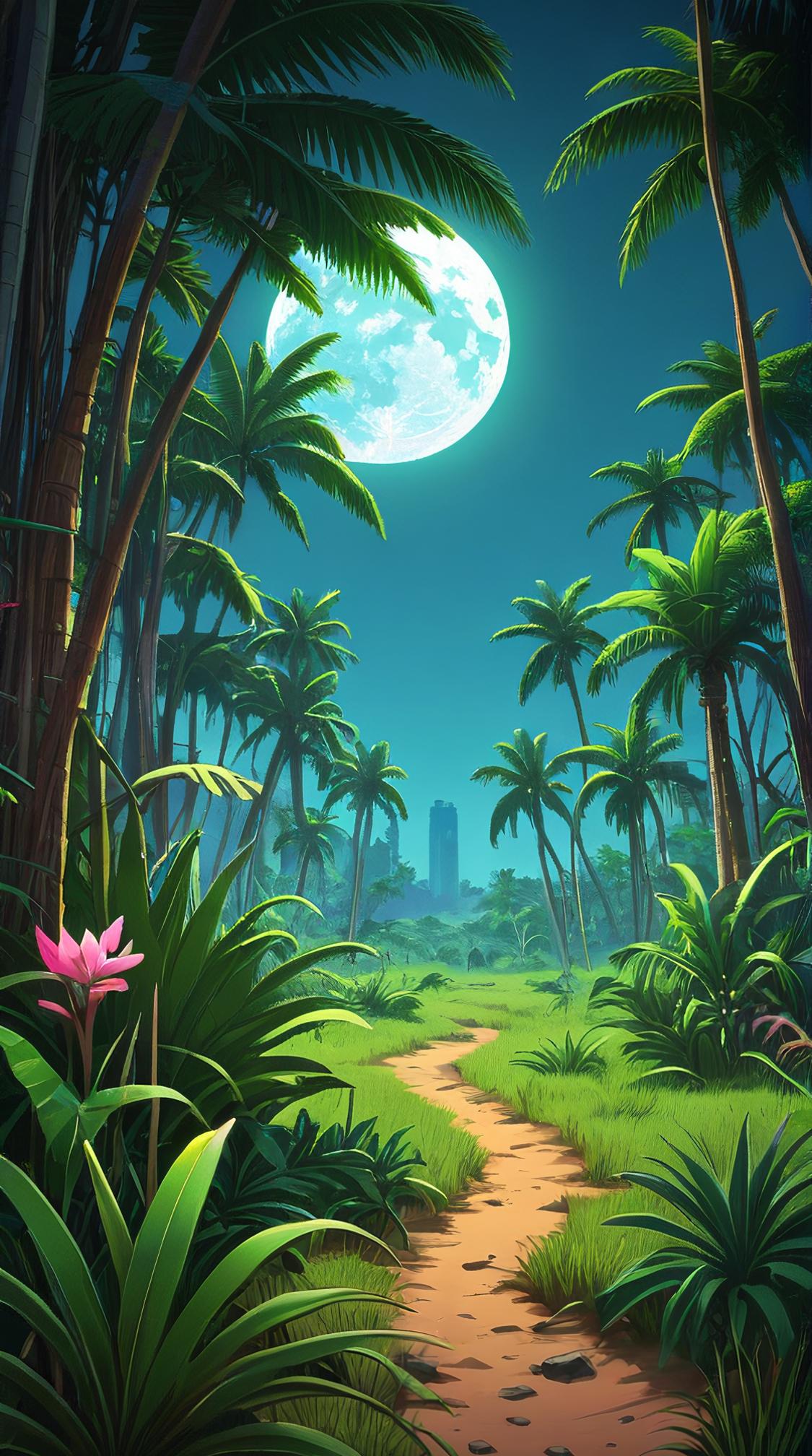 Digital art, landscape of a Tranquil Morbid Tropical Savanna , highly detailed, lush foliage