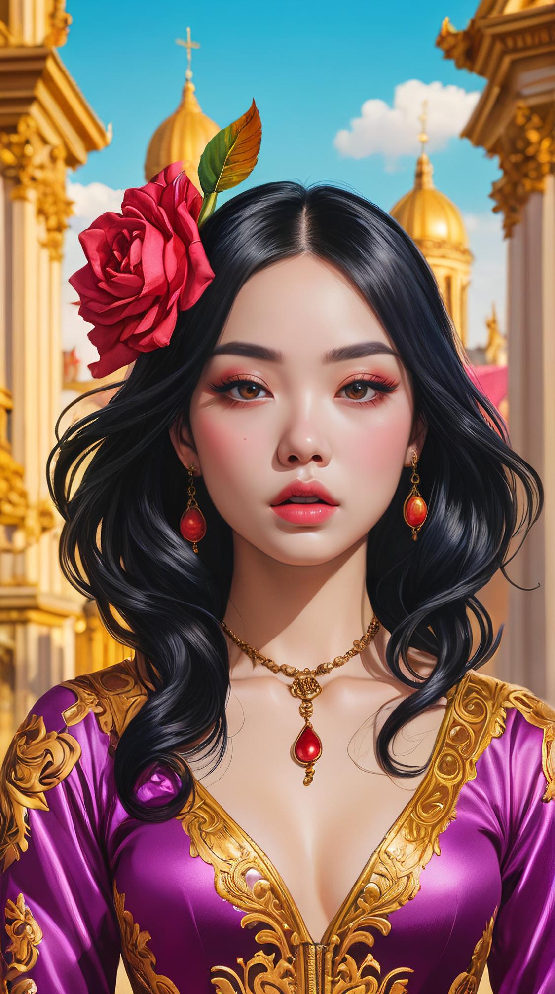 baroque art by Jean Restout the Younger and Harumi Hironaka, Anna Akana, Miller, at Golden hour