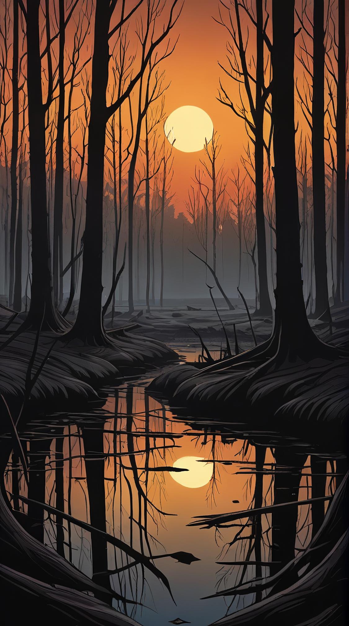 landscape of a Charred Pure Sleeping Forest from inside of a Marshland, Simple illustration, Lonely, highly detailed