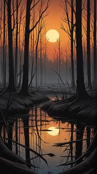 landscape of a Charred Pure Sleeping Forest from inside of a Marshland, Simple illustration, Lonely, highly detailed