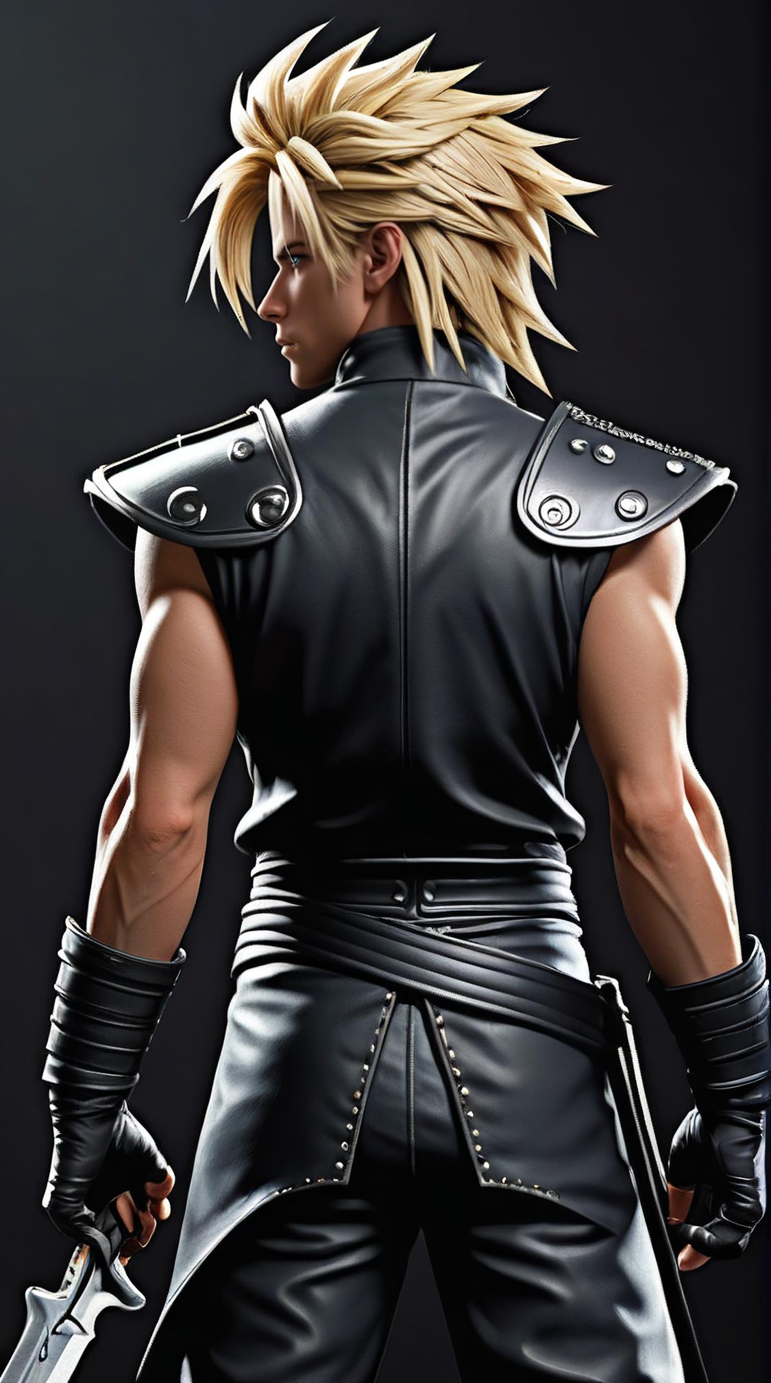 rear angle of a beefy Persian Cloud Strife , Cloud Strife is dressed in s Art fashion style Theatre costume, his hair is Dark, Grey streaks