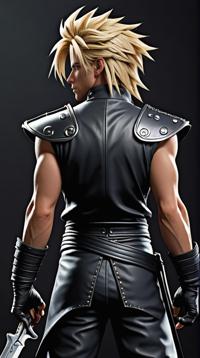 rear angle of a beefy Persian Cloud Strife , Cloud Strife is dressed in s Art fashion style Theatre costume, his hair is Dark, Grey streaks