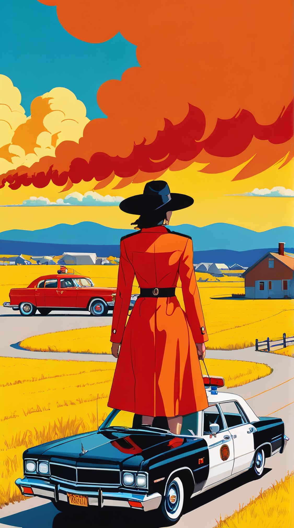 high contrast art by Charles Gwathmey, Memecore Art, landscape of a Blazing Fields of the Ember Witches and Police car, Historical